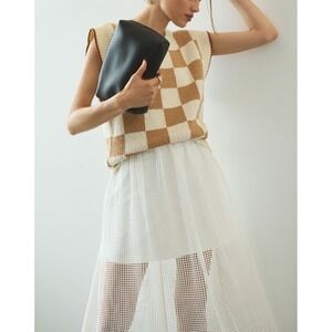 Maeve Checkerboard Knit Sleeveless Sweater Vest in Cream and Tan